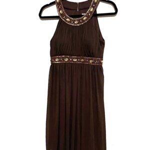 Cache Brown Embellished Chiffon Flowy Halter Dress Cocktail Lined EUC Size 6